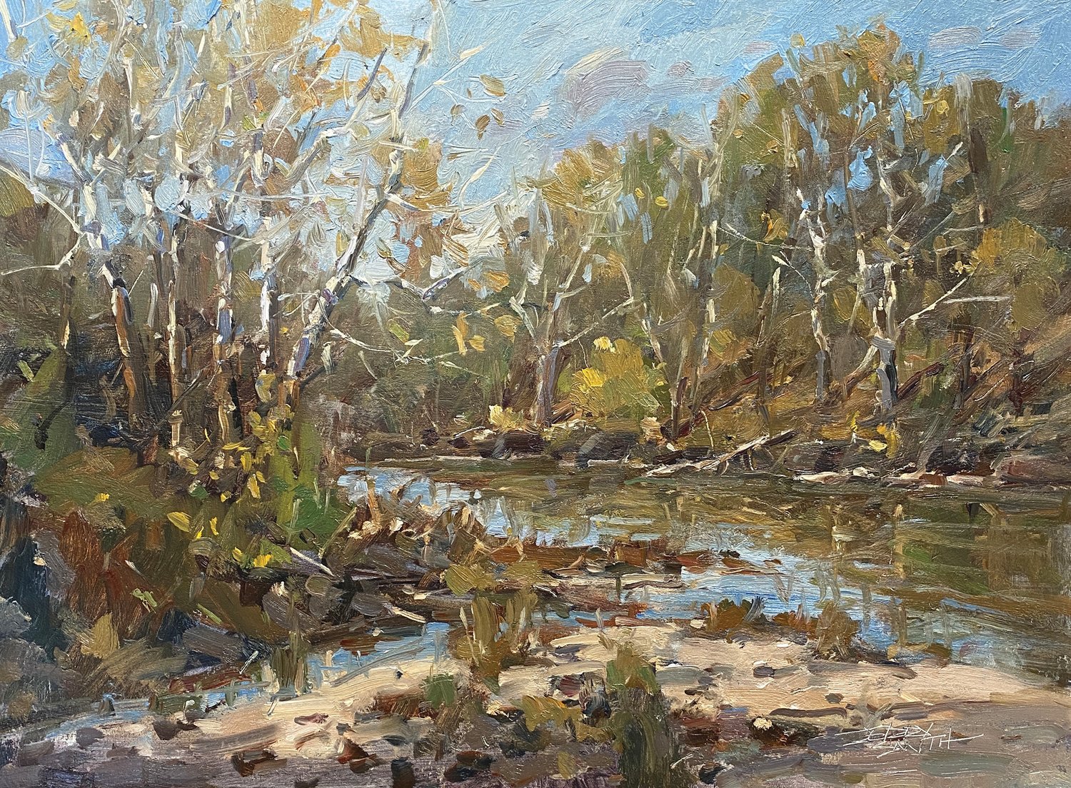 Jerry Smith uses oil to paint a portrait of Sugar Creek bordering Shades State Park.